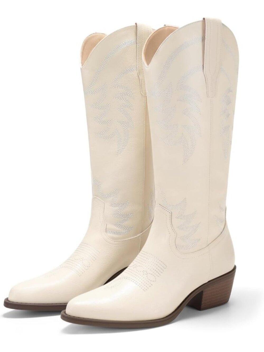 Women's Beige Mid Calf Chunky Heel Embroidered Pointed Toe Western Cowgirl Boots